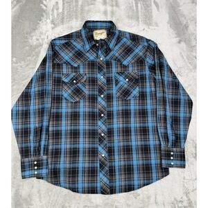 Vintage Wrangler Pearl Snap Shirt Mens XL Black Blue Plaid Western Cowboy 90s